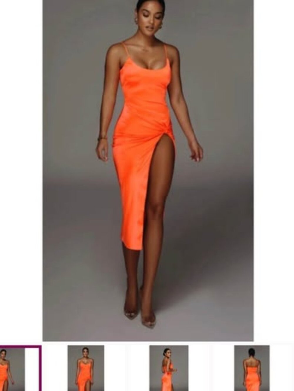 JLUXLABEL Neon Orange Aldis Satin High Slit Midi Dress